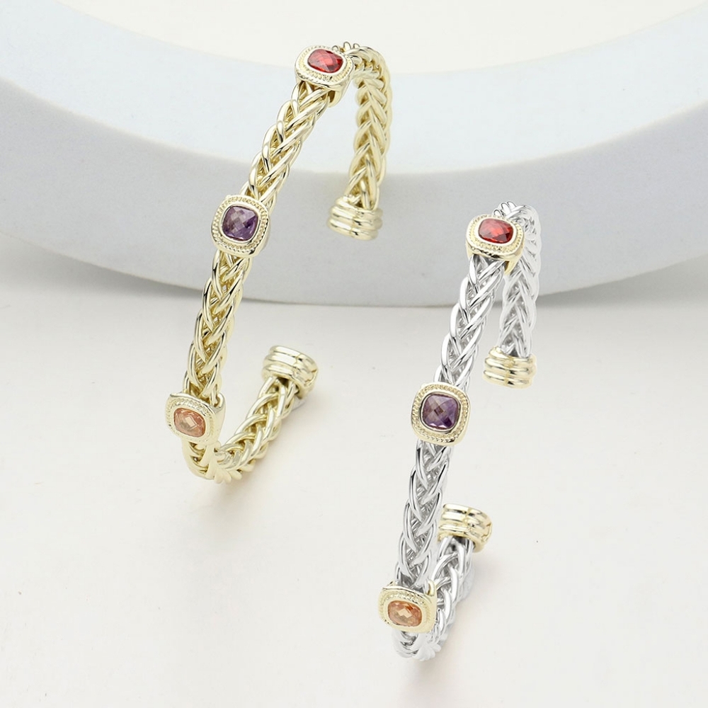 MultiColored Triple Cushion CZ Square Stone Silver Cable Cuff Bracelet Jewelry - Picture 7 of 7
